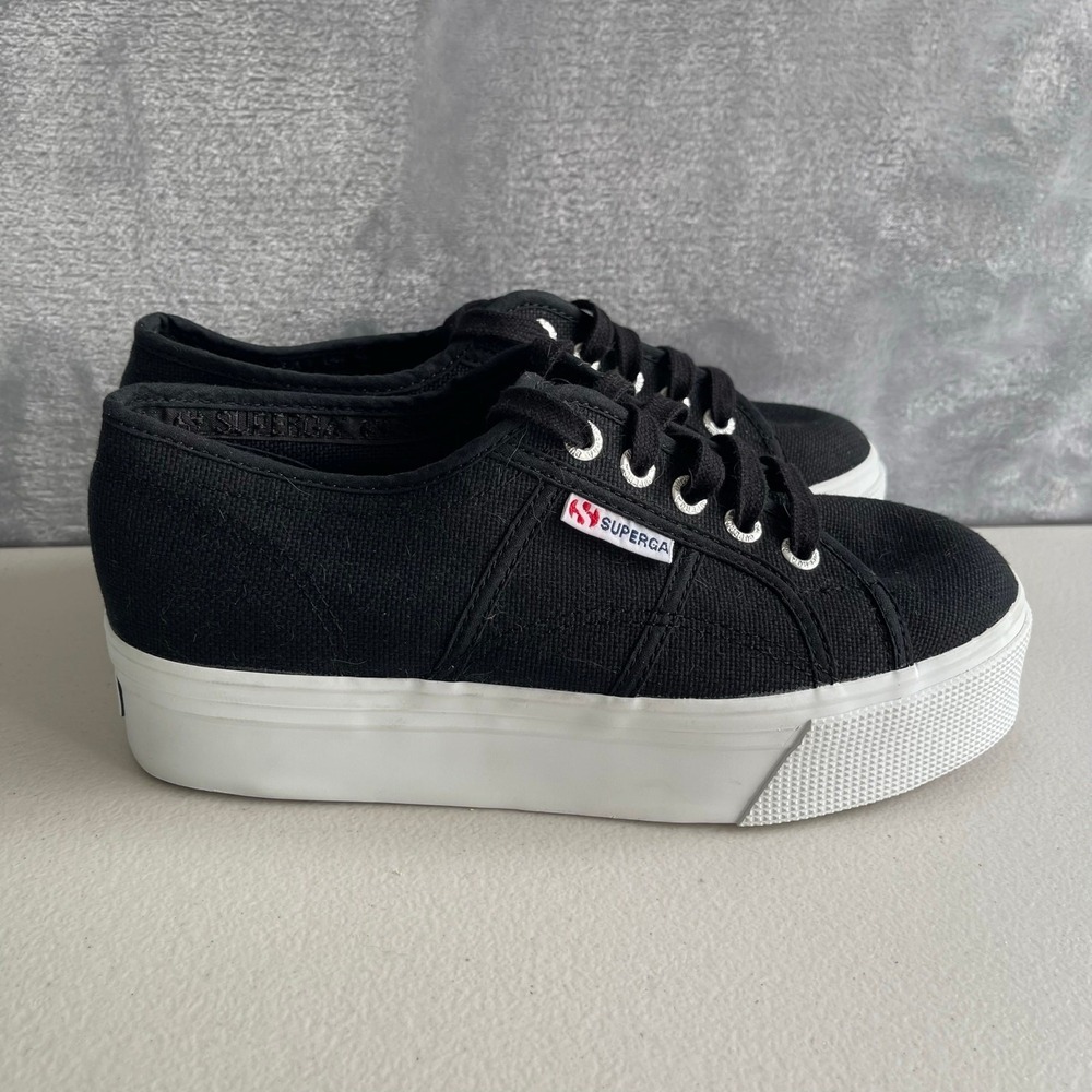 Superga Platform Sneakers Womens 7 Black Canvas Low Top Lace Up‎ F83